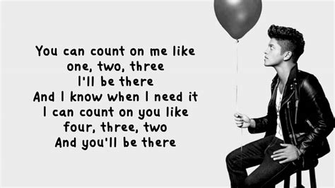 Sep 2, 2022 · Count on Me - Bruno Mars (Lyrics)Count on Me - Bruno Mars (Lyrics)Count on Me - Bruno Mars (Lyrics)🔔 So right, you make everything feel so nice.🔔 Click the... 
